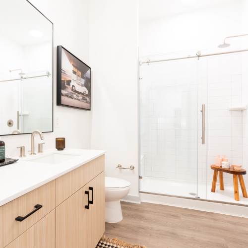Modern finishes in an apartment bathroom at Terrazzo in Durham, North Carolina