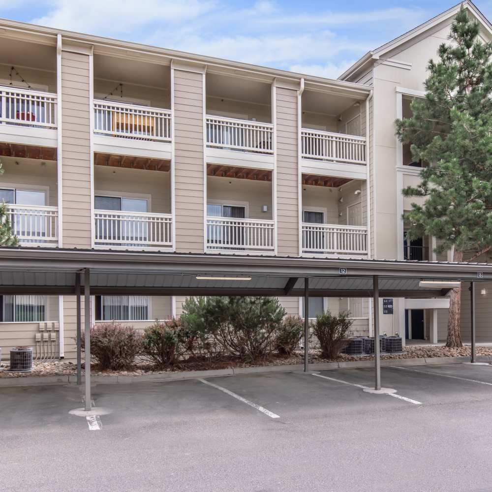 Shed parking with community view at One Belmar Place in Lakewood, Colorado
