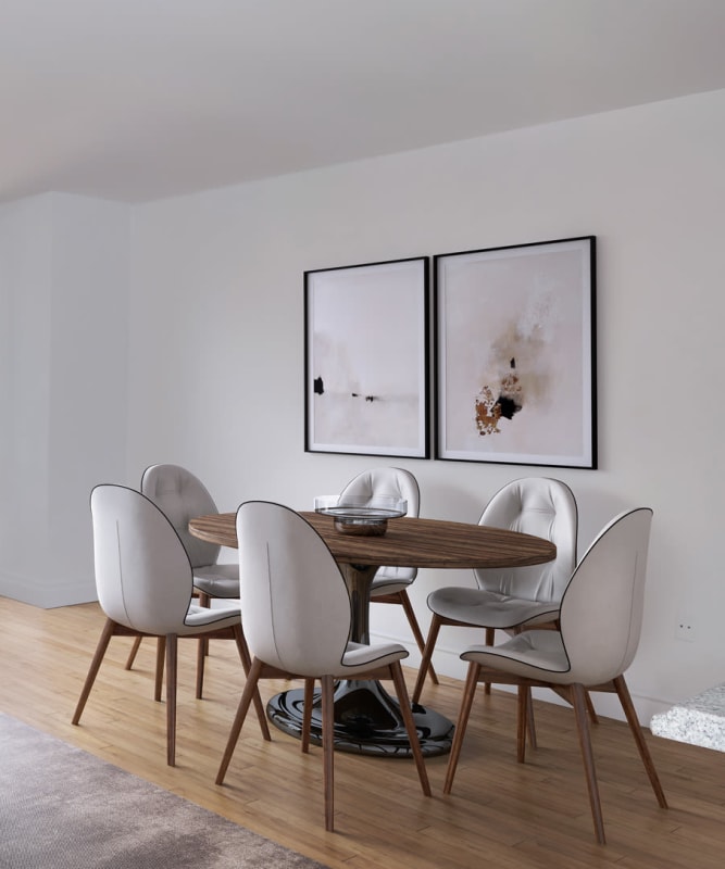 A dining room with wood-style flooring at The Metropolis in New York, New York