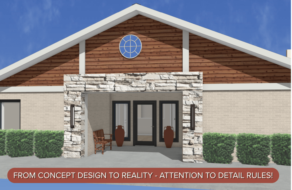 Concept Design for the Leasing Office Renovation - Community building exterior view at Derby Park Apartments in Round Rock, Texas 