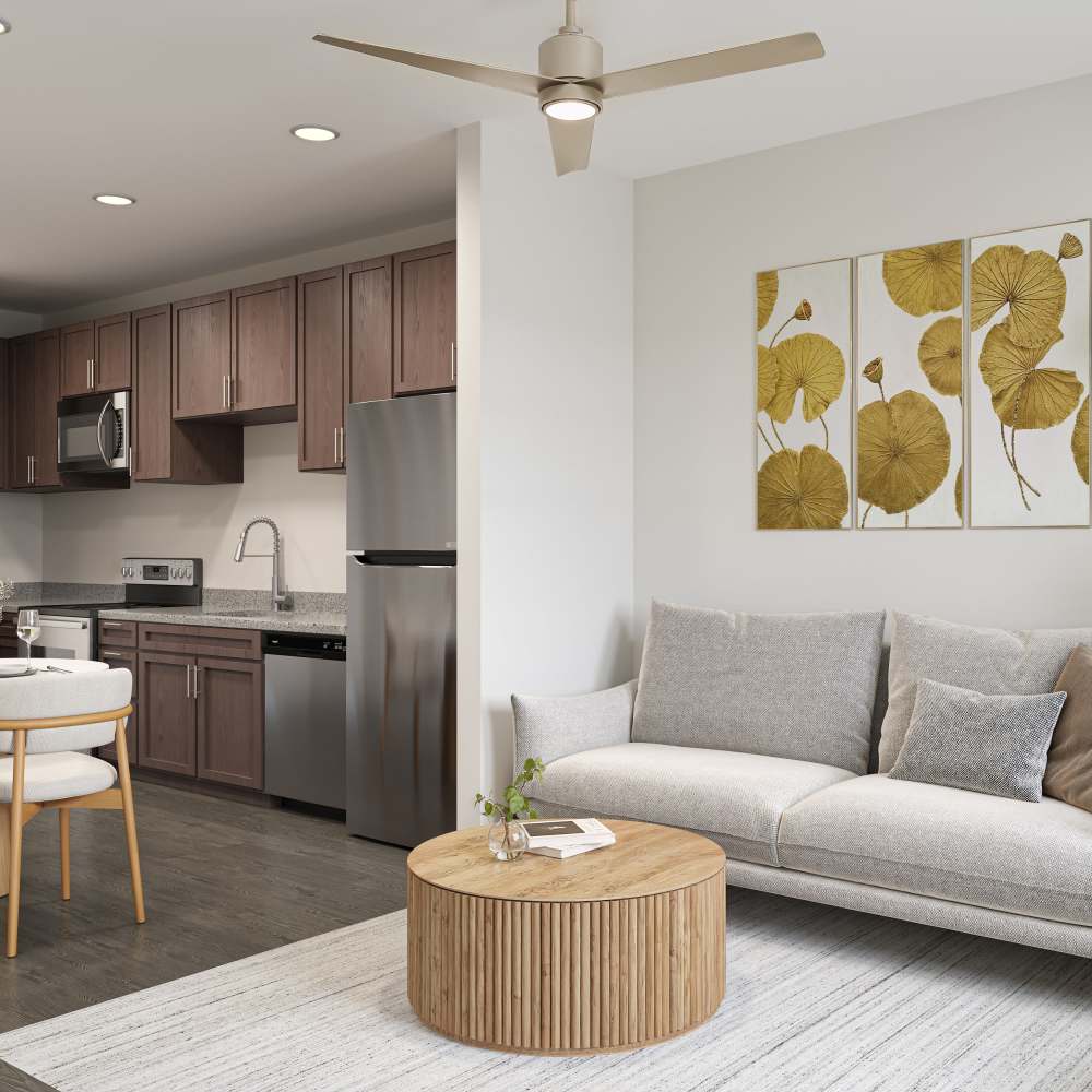 Kitchen view from living room at The Cascade at Foundry Creek in Richmond, Virginia