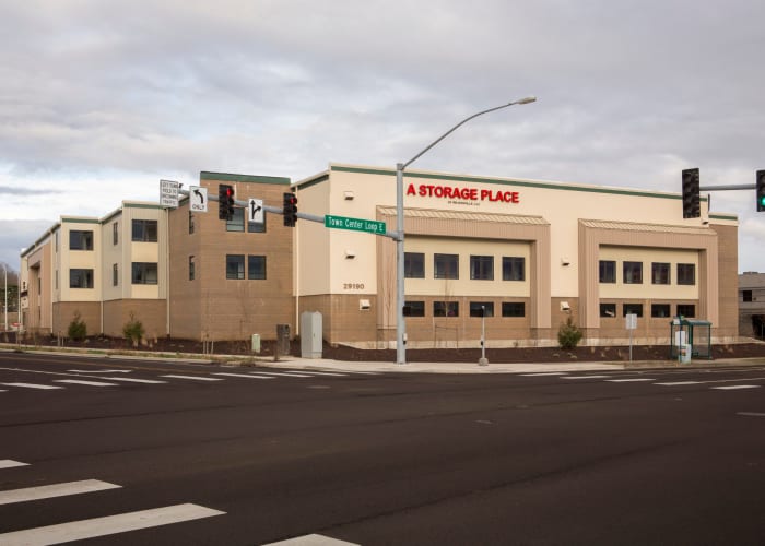 Exterior of the A Storage Place building, seen from the opposite corner.