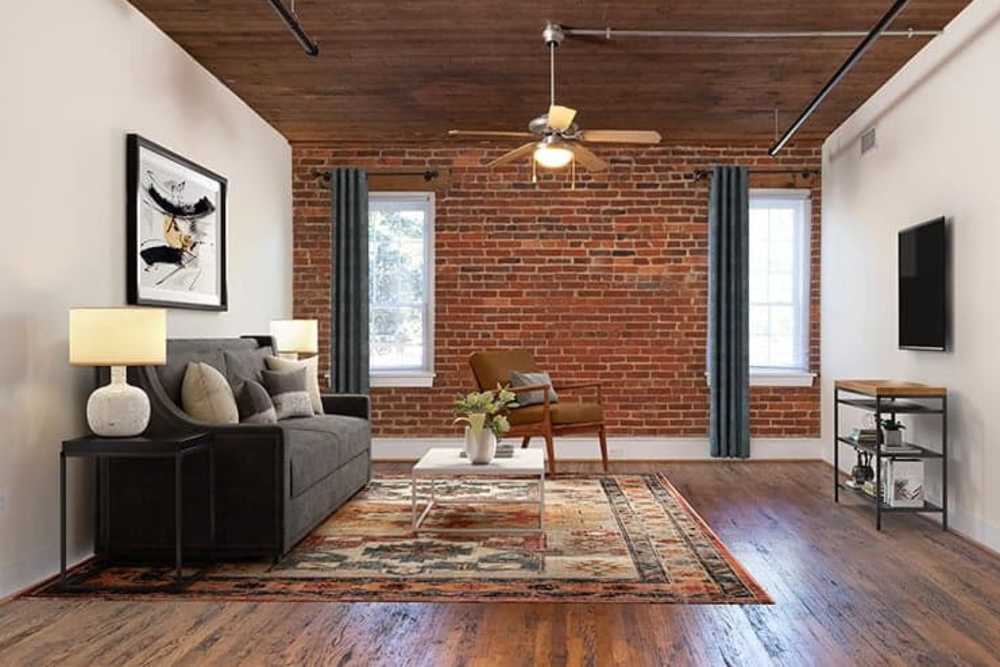 Hardwood floored living room at High Street Lofts in Petersburg, Virginia