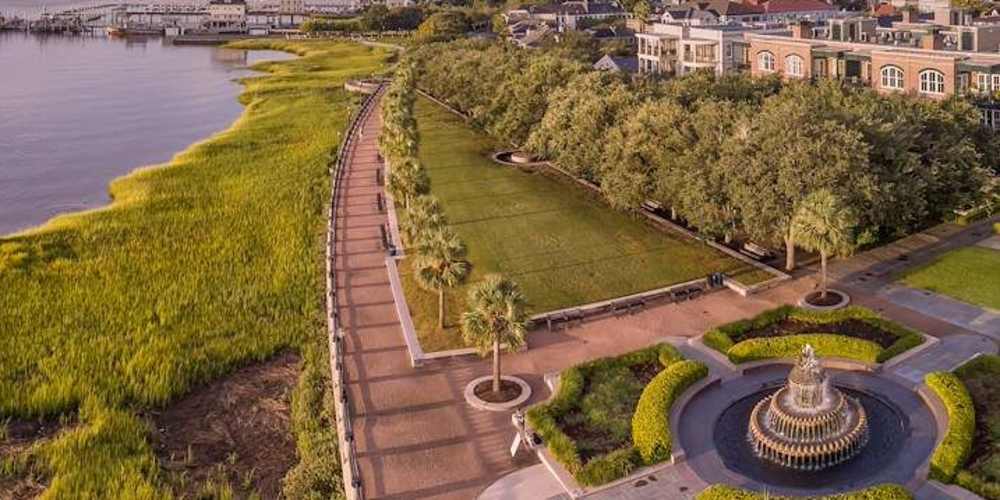 Areal shot of downtown Charleston near Sabal Palms in Charleston, South Carolina