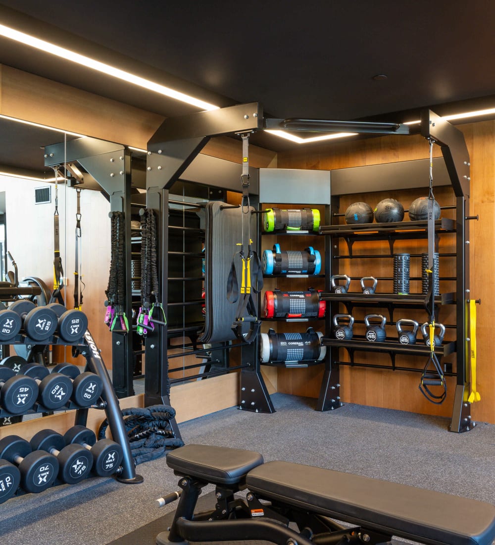 Strength training equipment in the fitness center at MV Apartments in Mountain View, California