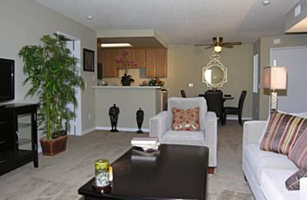 Well-furnished living room in a model apartment at Reidy Creek Apartments in Escondido, California