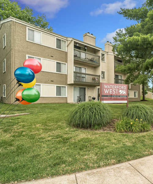 Apartment entry with sign board at Waterford West in Manchester, Missouri