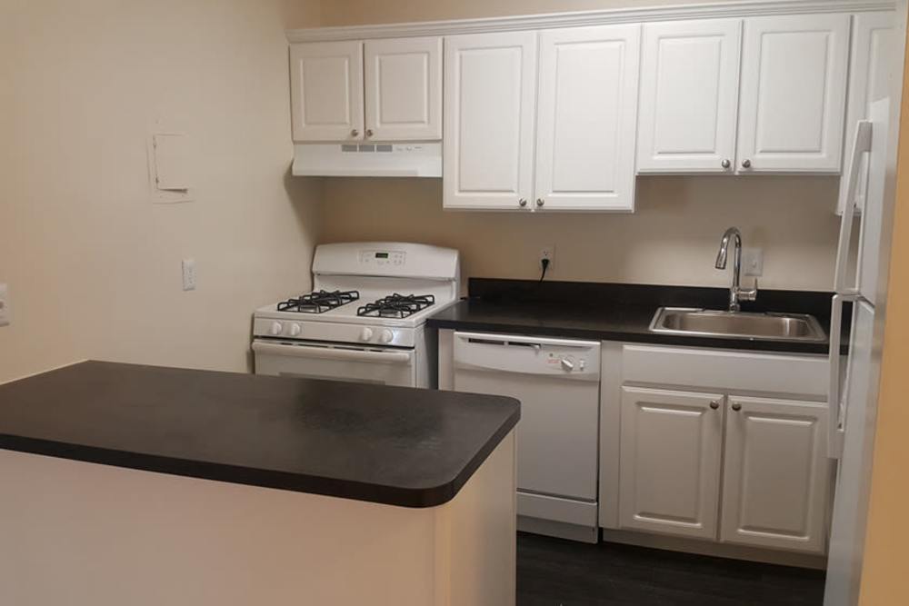 White cabinets and granite countertops in the kitchen at Chesapeake Landing Apartments in Landover Hills, Maryland