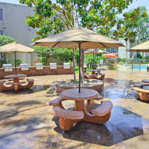 Grilling stations and covered picnic tables at Park Regency Club Apartments in Downey, California