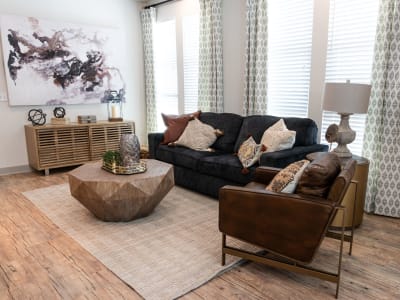 Bright, spacious living room at Shelby at Northside in Fort Worth, Texas