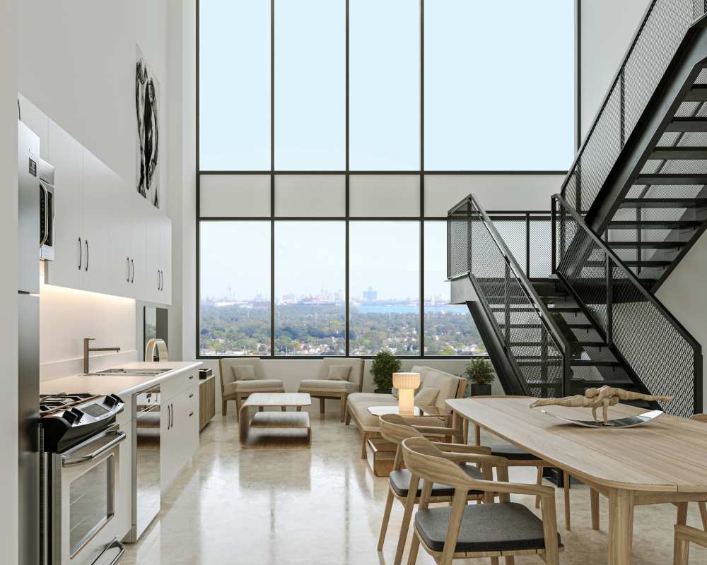 Apartment living room with stairs at The Bank Tower, Southgate, Michigan