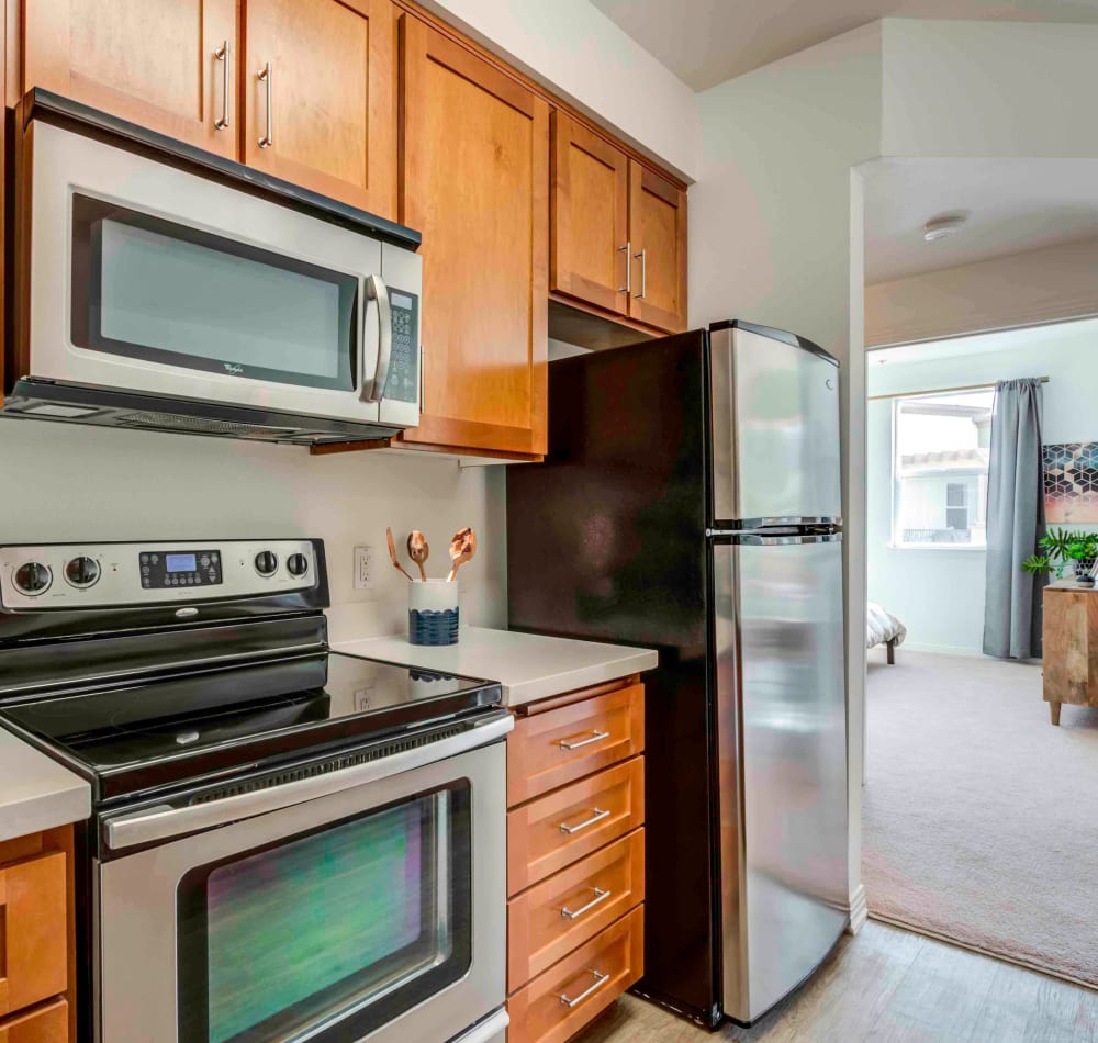 Modern kitchen with stainless-steel appliances in a model home at Sofi at Topanga Canyon in Chatsworth, California