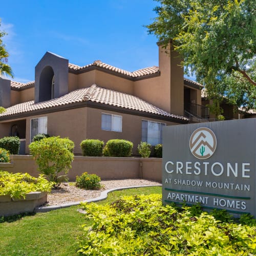 Exterior entrance sign at Crestone at Shadow Mountain in Phoenix, Arizona