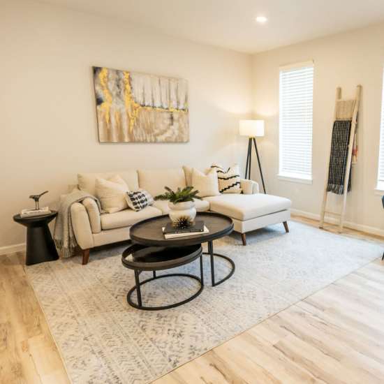 Living room with wood-style flooring at 4315 S. Alder in Tacoma, Washington