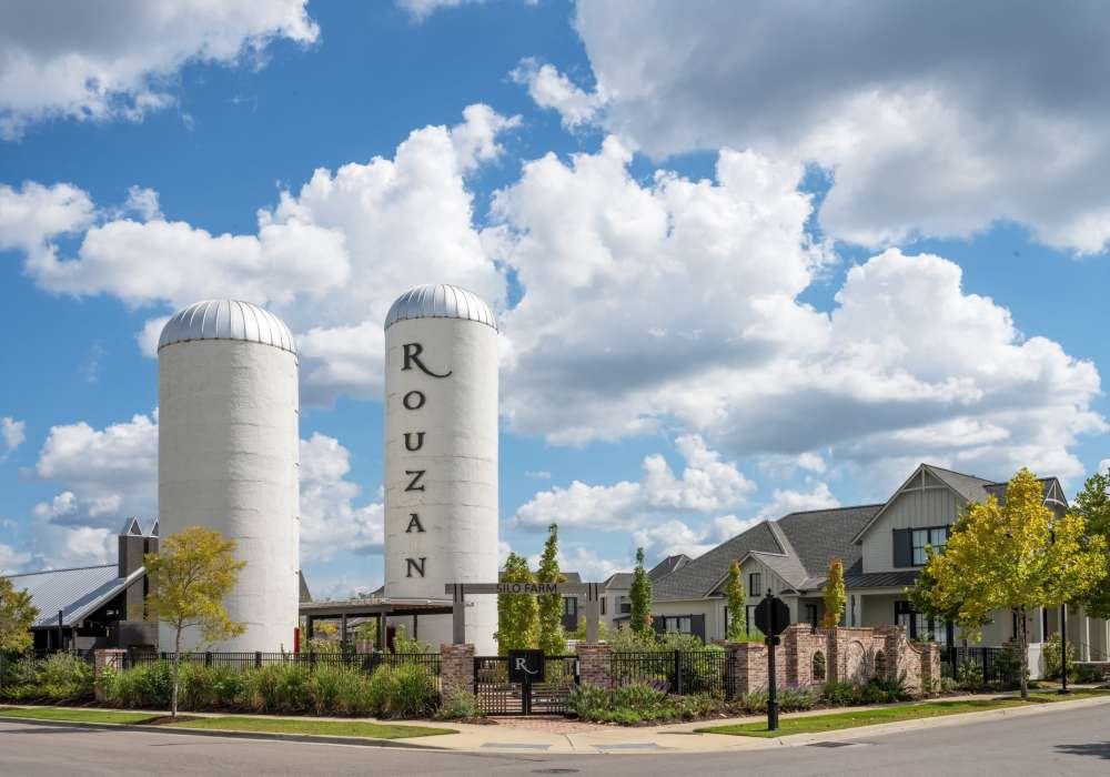The community with tall silos at The Everly at Rouzan in Baton Rouge, Louisiana