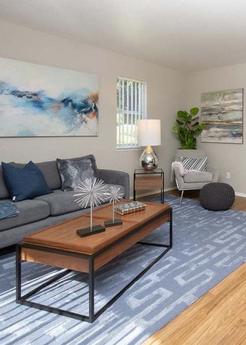 Living room of a model apartment at Manchester Court in Modesto, California