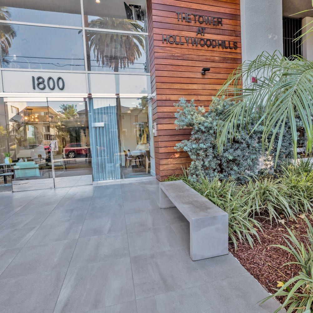 Beautiful landscaping at entrance to The Tower at Hollywood Hills, Los Angeles, California 