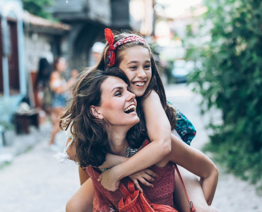Mother and daughter happily exploring Campbell, California near Appletree Apartments
