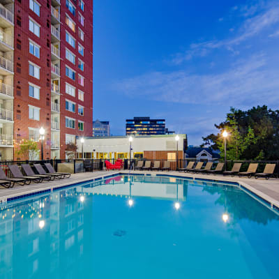 Evening view of the pool area at Sofi at 50 Forest in Stamford, Connecticut