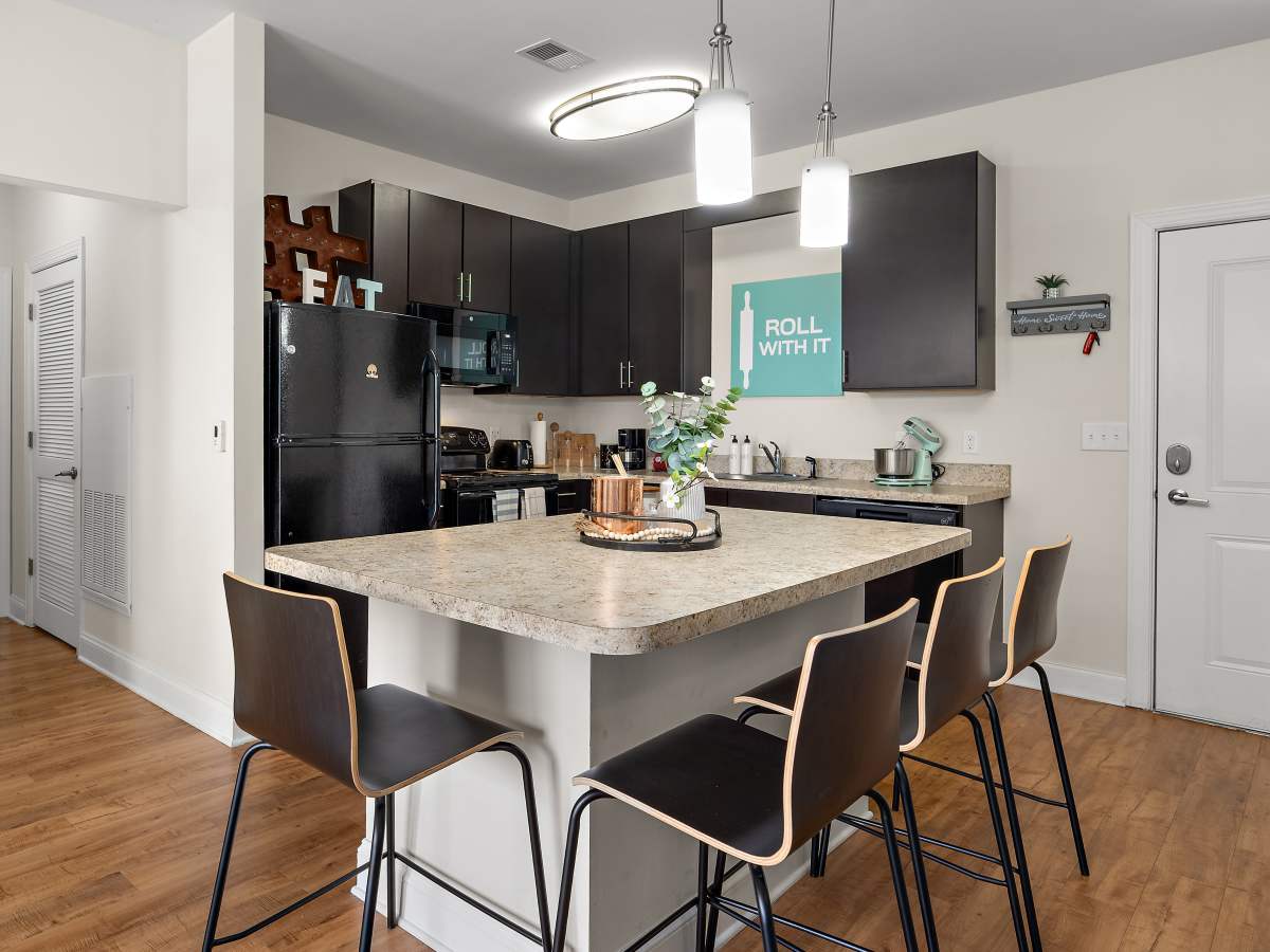 Kitchen with a black refrigerator at University Orchard in Salisbury, Maryland