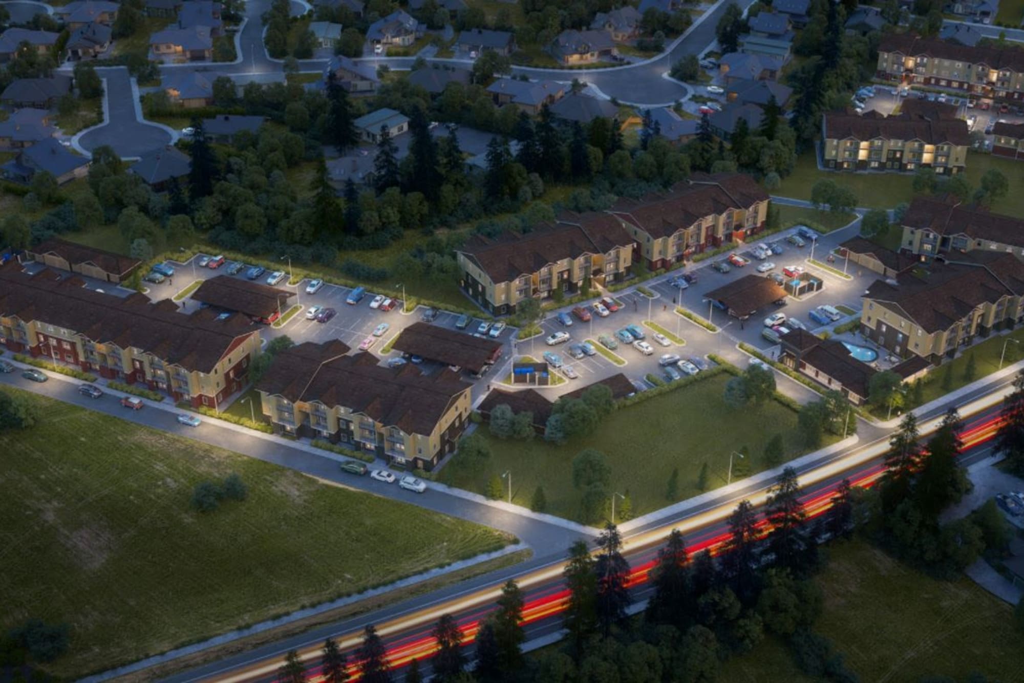 A nighttime aerial view of the apartment homes at Haven Hills in Vancouver, Washington