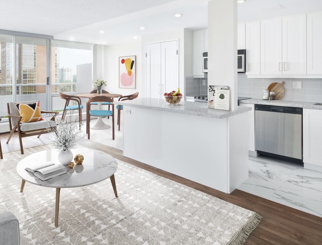 Living room and kitchen at Richmond Hill Apartments in Richmond Hill, Ontario