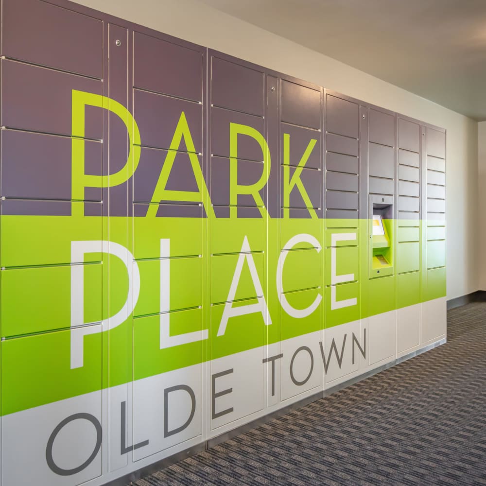 Community digital locker room at Park Place Olde Town Apartments in Arvada, Colorado