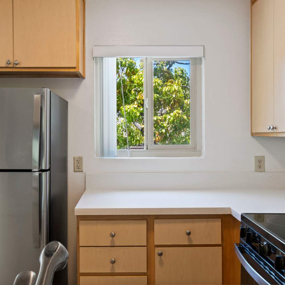 Kitchen with stainless fridge and flat top stove at Mission Gardens in Santa Cruz, California