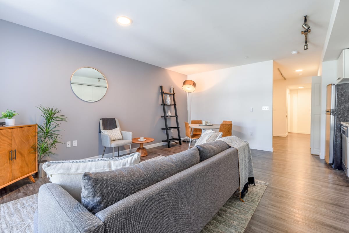Apartment living room and kitchen area at Circa Greenlake in Seattle, Washington