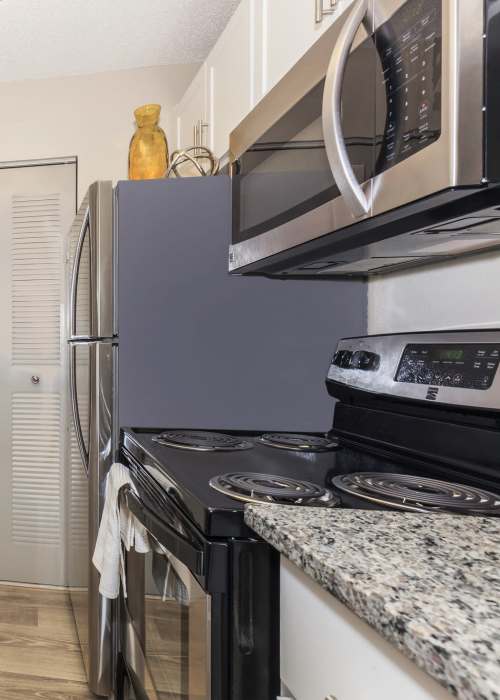 Apartment kitchen with stainless-steel appliances at Fountains at Forestwood in Fort Myers, Florida