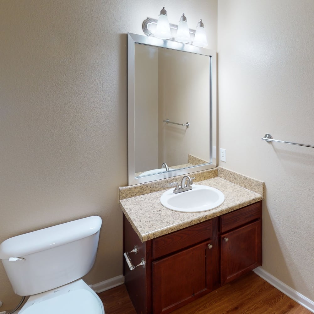 bright airy bathroom of a townhome at Oaks Estates of Coppell in Coppell, Texas