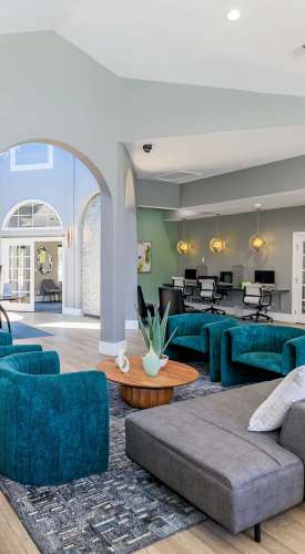 Clubhouse with cozy interiors at One Belmar Place in Lakewood,Colorado