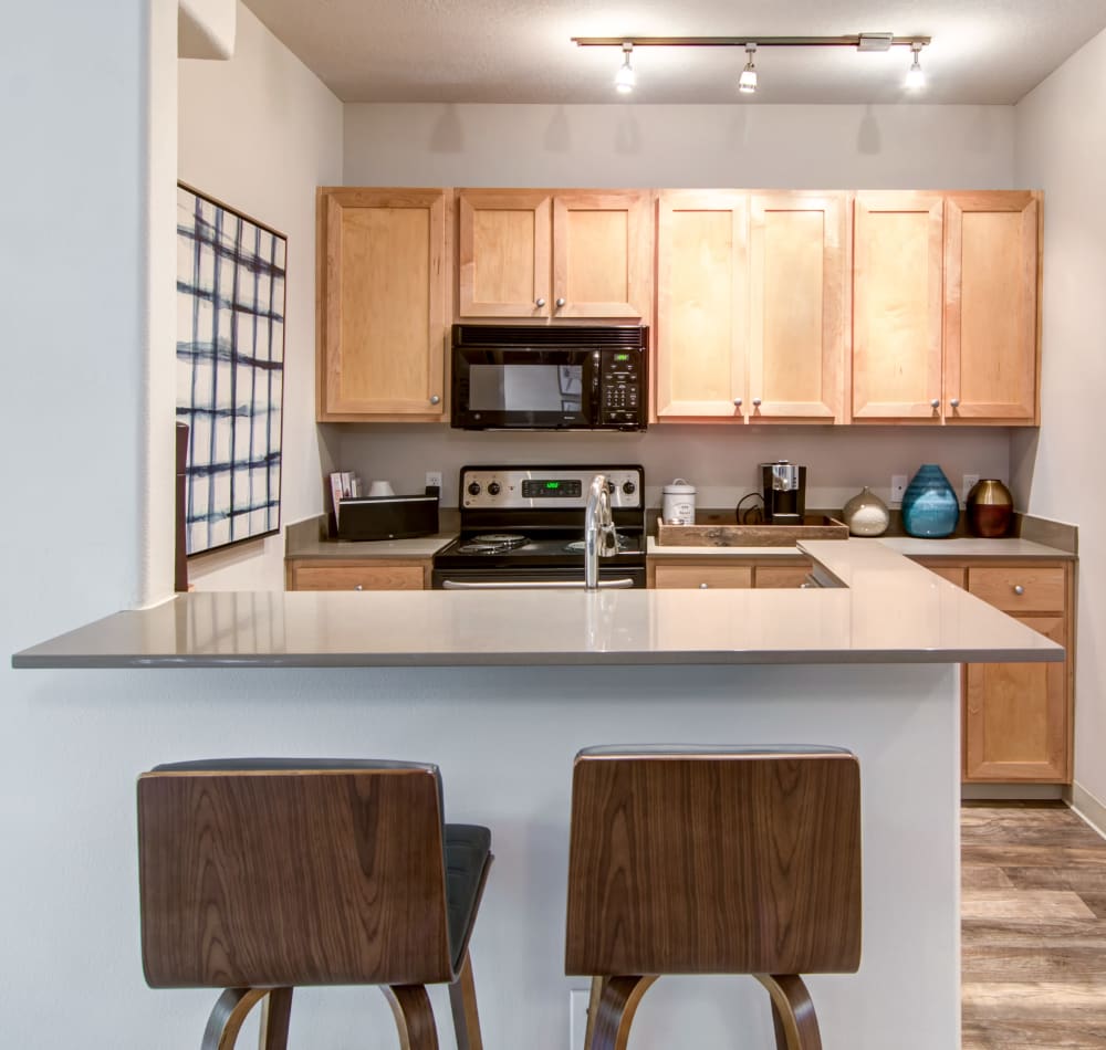 Modern kitchen with sleek, stainless-steel appliances and quartz countertops in a model home at Sofi at Forest Heights in Portland, Oregon