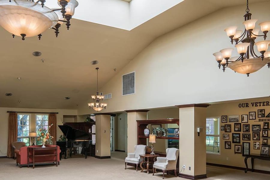 Spacious and extravagant lobby interior at Carmel Village in Fountain Valley, California