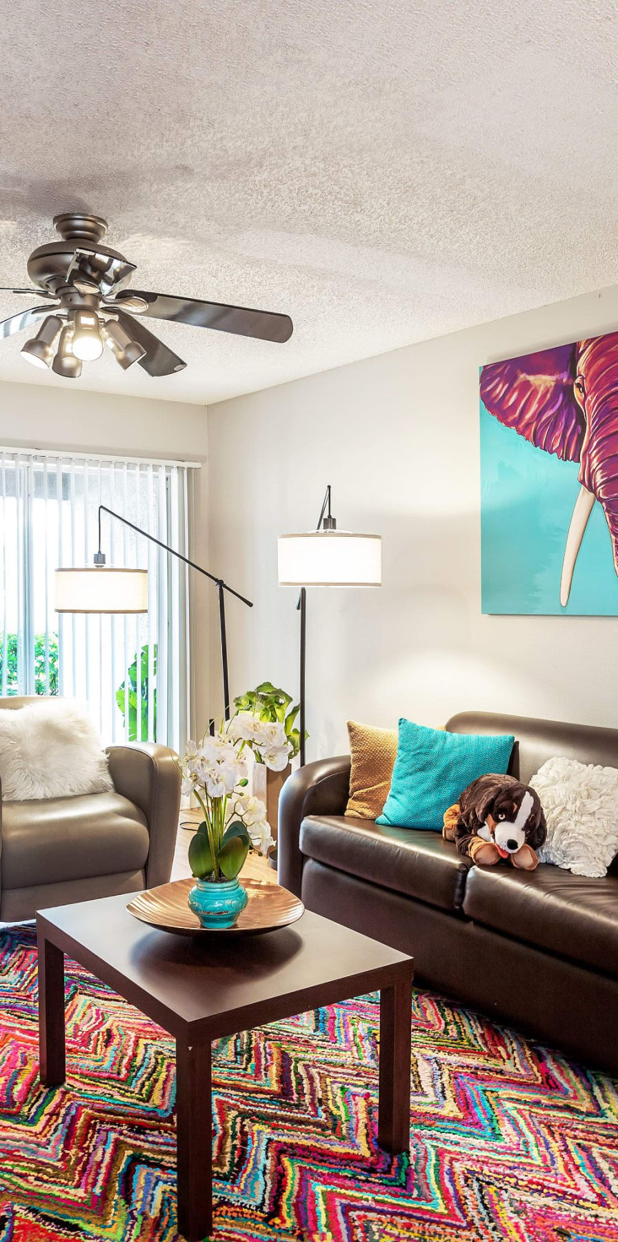 Modern living room in a model student apartment at On50 in Tampa, Florida