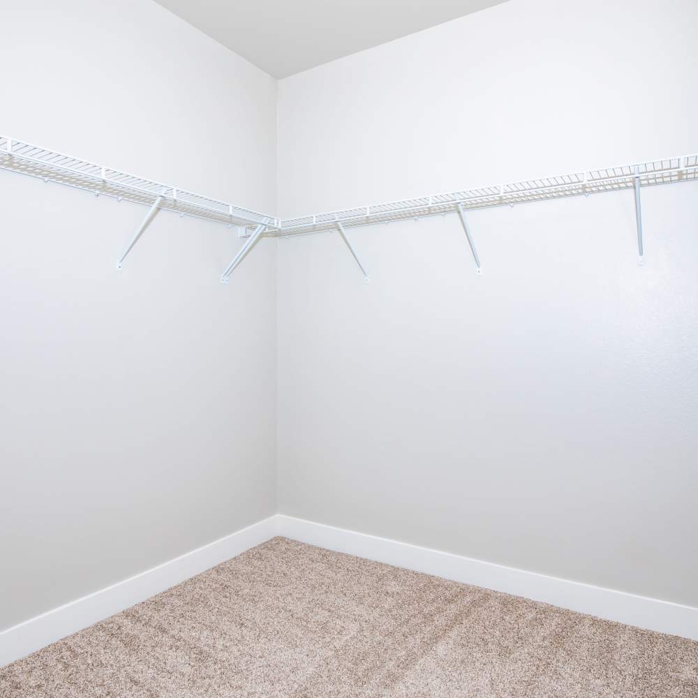 Walk-in closet with rack and carpet flooring at Park Place Olde Town Apartments in Arvada, Colorado