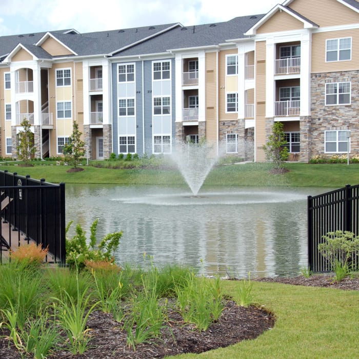 A pond with a water feature at The Cascades, Virginia Beach, Virginia