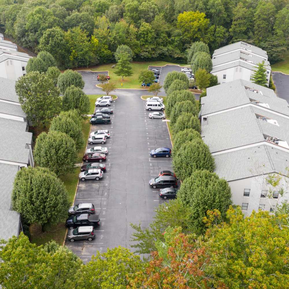 Exterior drone shot of apartments at Germantown Gardens in East Ridge, Tennessee