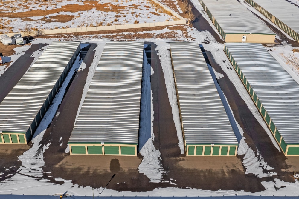Aerial view of climate-controlled storage units at Storage Star Laramie in Laramie, Wyoming
