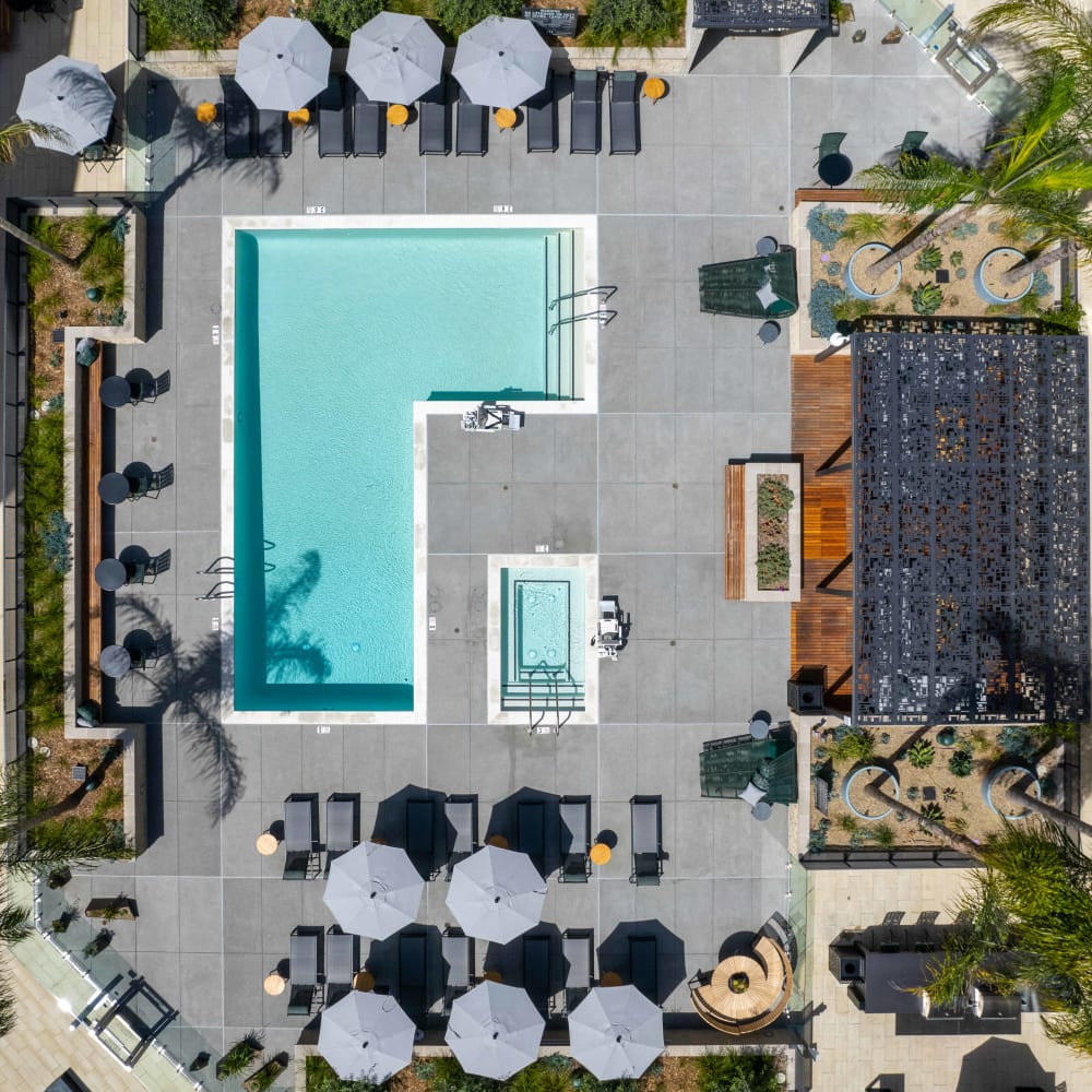 Aerial view of the courtyard and resort-style pool at MV Apartments in Mountain View, California