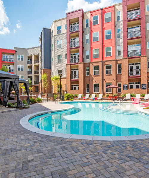 Saltwater swimming pool with sundeck and poolside cabanas at Mercury NoDa in Charlotte, North Carolina