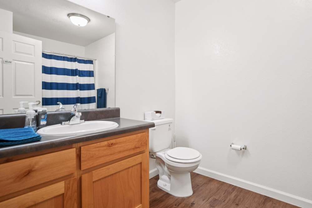 Updated bathroom with wooden cabinetry and striped shower curtain at Villas At Meadow Springs in Ankeny, Iowa