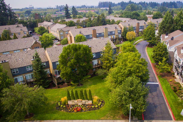 Aerial view of The Colonnade Luxury Townhome Rentals' community in Hillsboro, Oregon