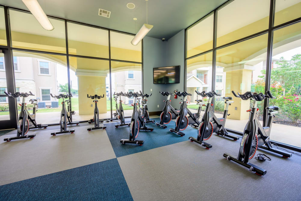 Spacious and well-equipped fitness center at Pecan Springs Apartments in San Antonio, Texas