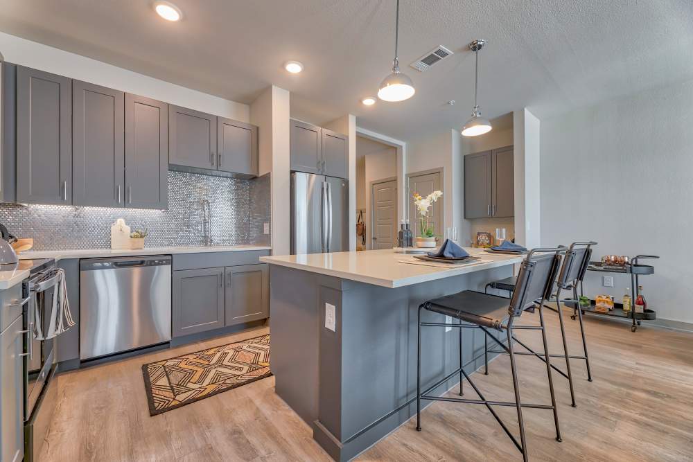 Kitchen with dishwasher at Ennova Highlands in Arlington, Texas