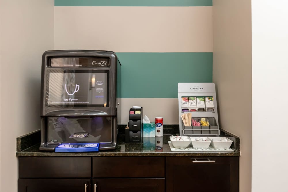 Community cafe with coffee machine at Camellia in Raleigh, North Carolina