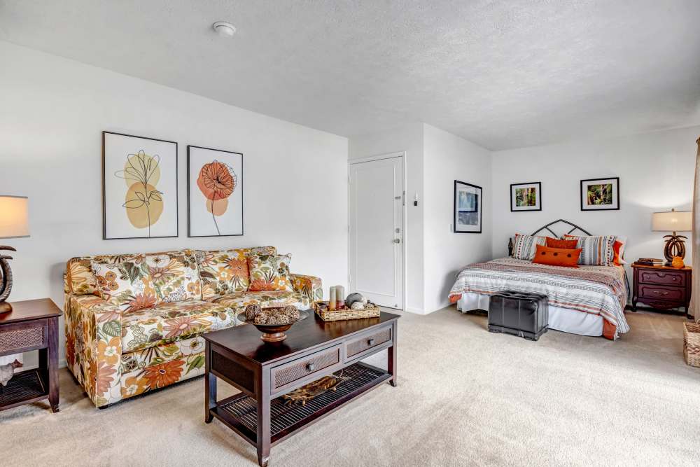 Studio apartment with living and bedroom area at Lake Carlton Arms in Lutz, Florida