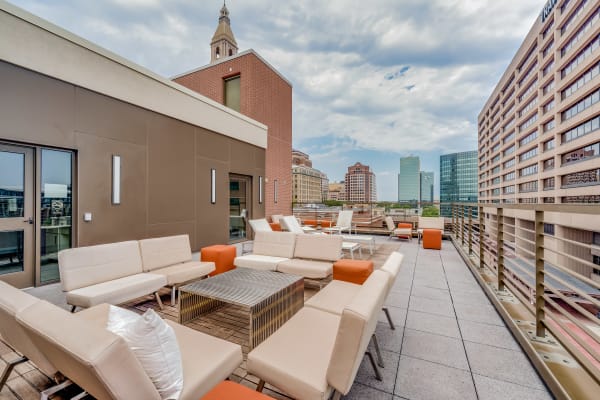 Rooftop seating with a view at Front Street Lofts in Hartford, Connecticut