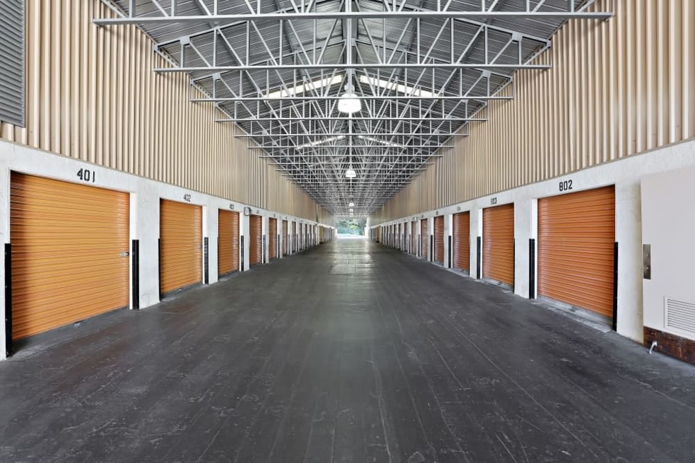 Rows of covered storage units with lots of space at A-1 Self Storage in San Diego, California