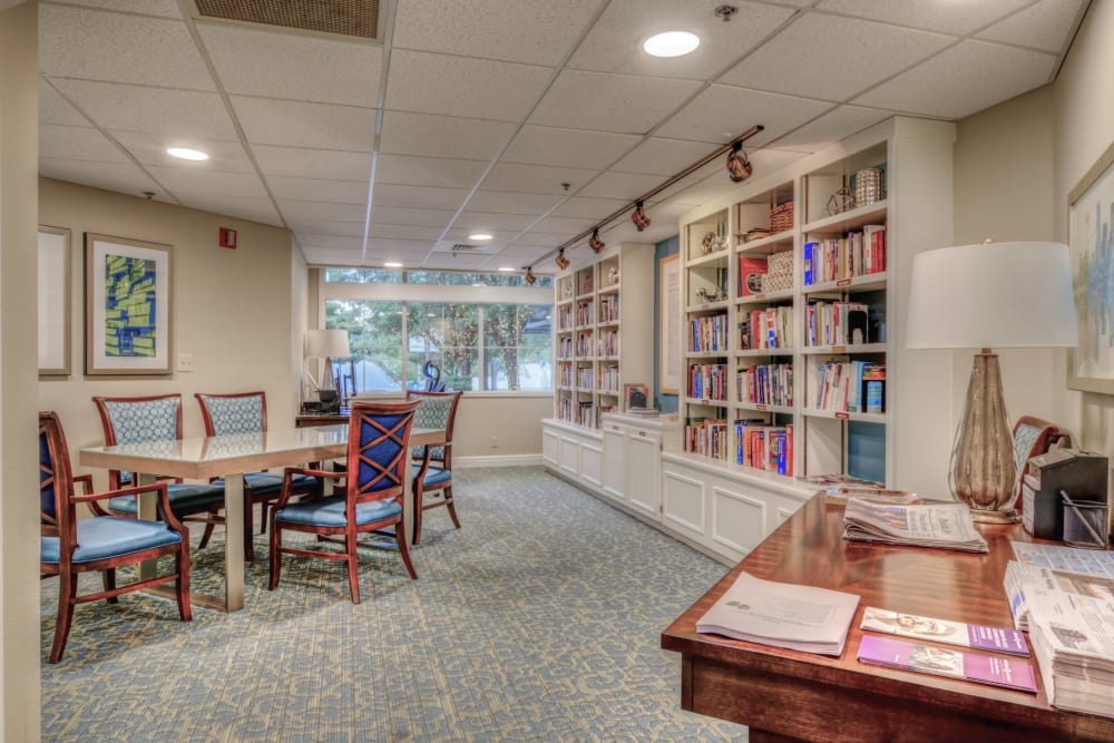 Sitting area with bookshelves at Northgate Plaza in Seattle, Washington